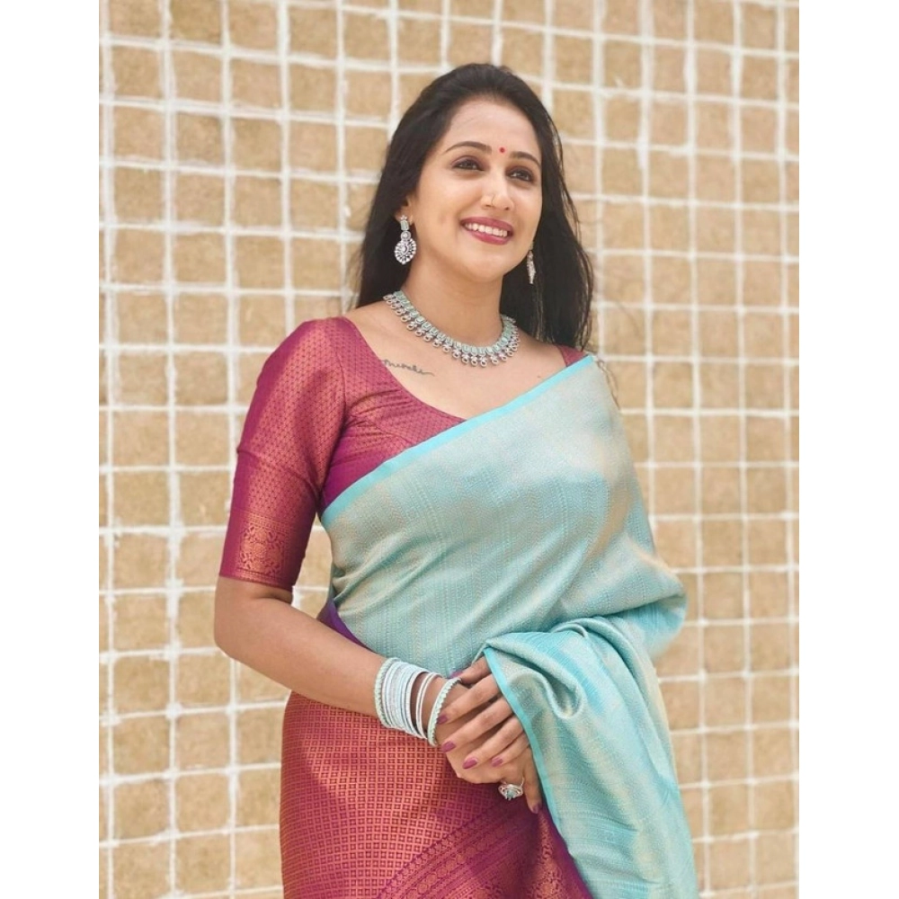 Generic Women's Litchi silk Printed Saree With Unstitched Blouse (Blue) - Image 3