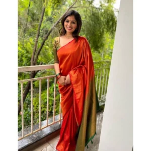 Generic Women's Litchi silk Printed Saree With Unstitched Blouse (Red)