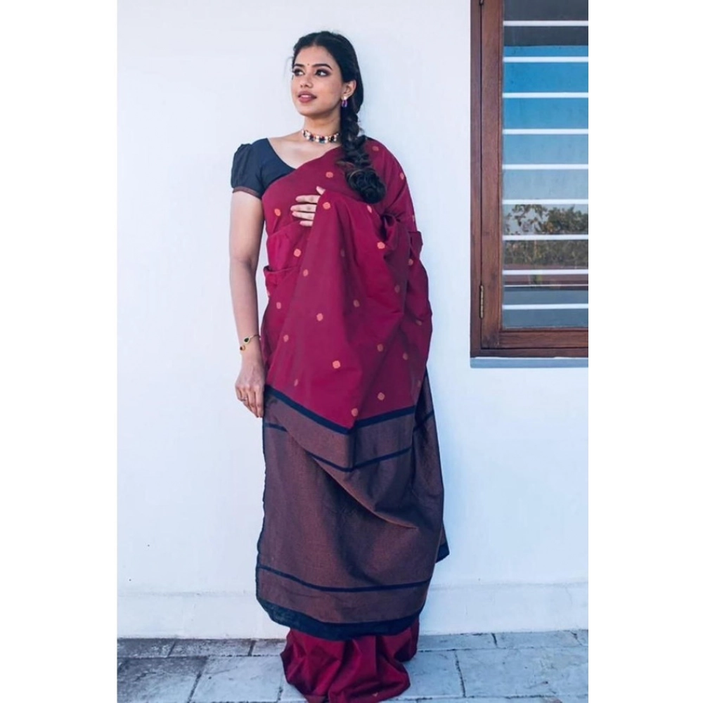 Generic Women’s Litchi silk Printed Saree With Unstitched Blouse (Red)