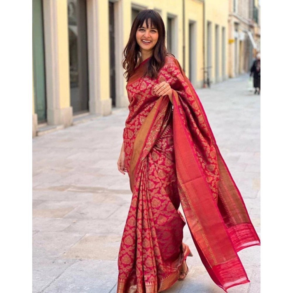 Generic Women’s Litchi silk Printed Saree With Unstitched Blouse (Red)