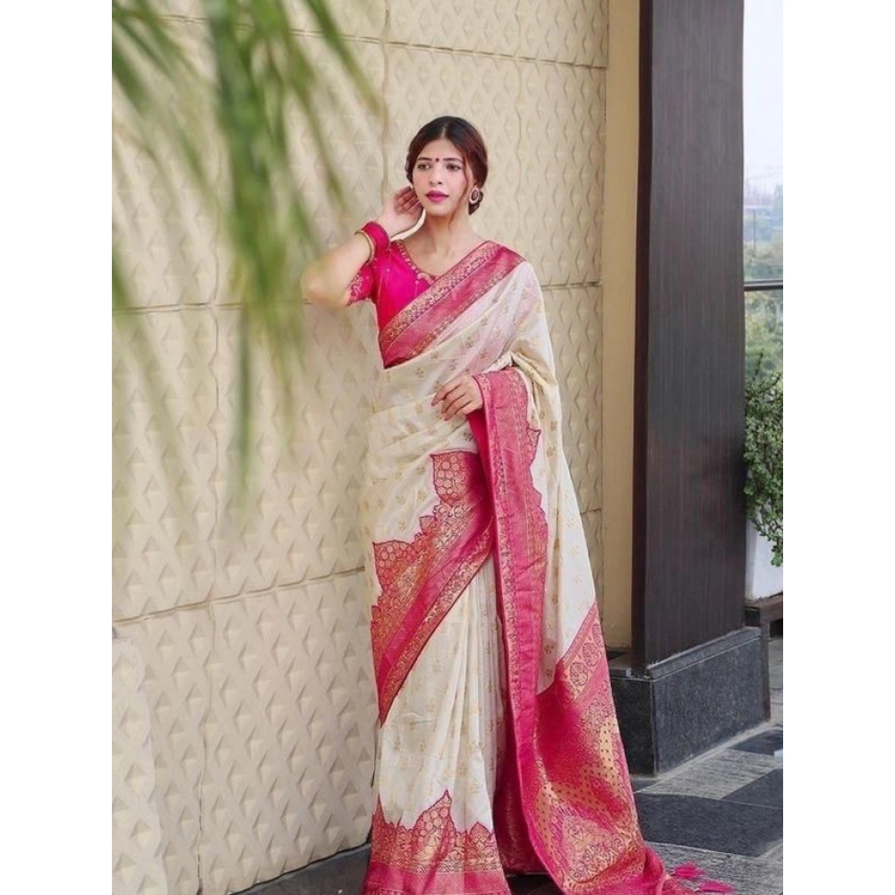 Generic Women’s Litchi silk Printed Saree With Unstitched Blouse (Half White)
