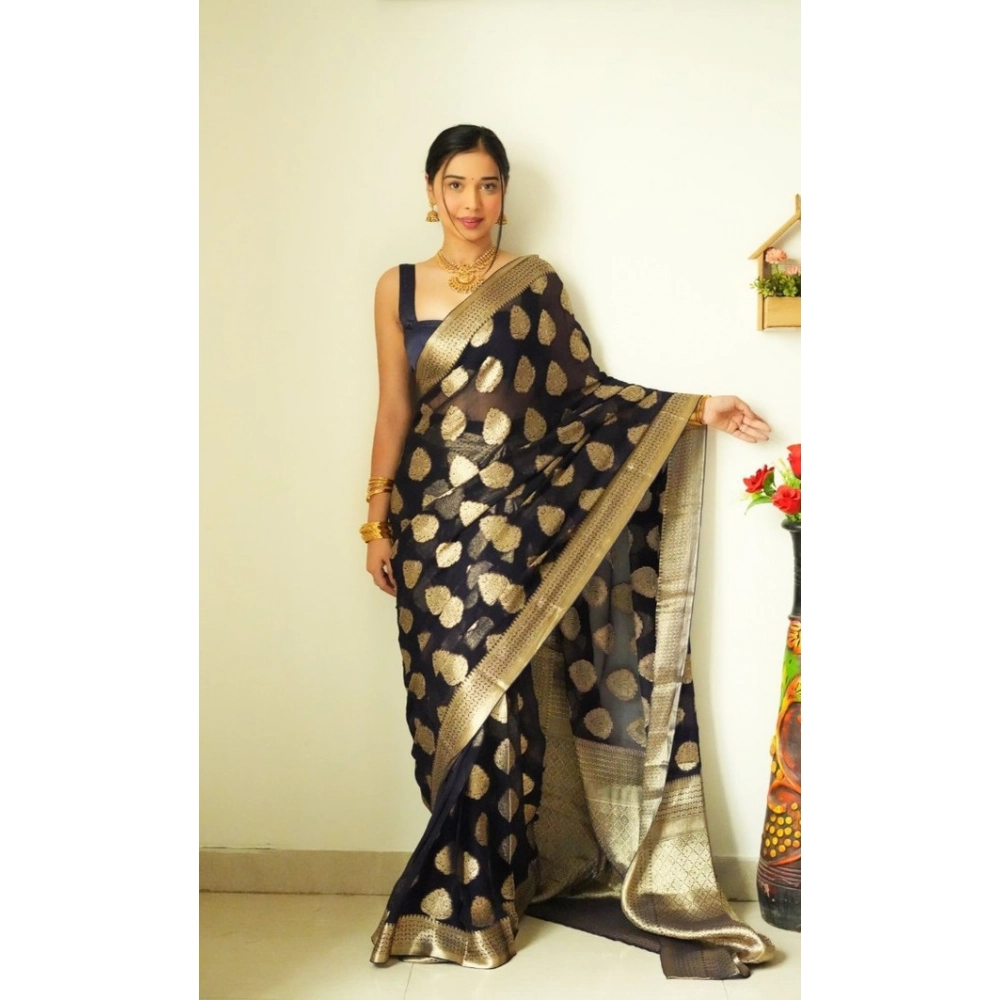 Generic Women’s Litchi silk Printed Saree With Unstitched Blouse (Black)