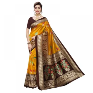 Generic Women's Litchi silk Printed Saree With Unstitched Blouse  5-6 Mtrs (Mustard Yellow)