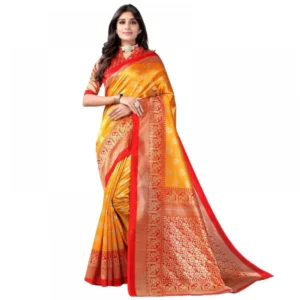 Generic Women's Litchi silk Printed Saree With Unstitched Blouse  5-6 Mtrs (Mustard Yellow)