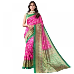 Generic Women's Litchi silk Printed Saree With Unstitched Blouse  5-6 Mtrs (Pink)