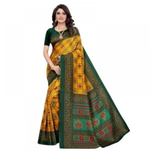 Generic Women's Litchi silk Printed Saree With Unstitched Blouse  5-6 Mtrs (Mustard Yellow)