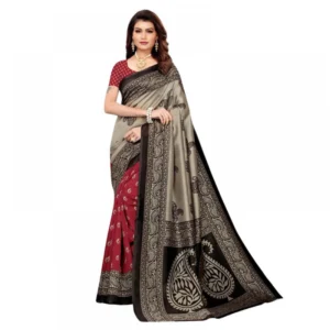 Generic Women's Litchi silk Printed Saree With Unstitched Blouse  5-6 Mtrs (Red)