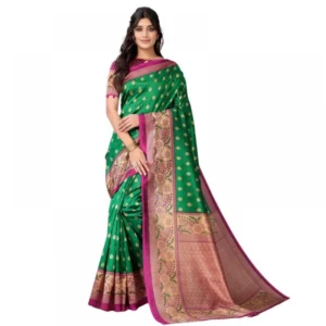 Generic Women's Litchi silk Printed Saree With Unstitched Blouse  5-6 Mtrs (Green)