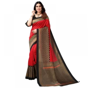Generic Women's Litchi silk Printed Saree With Unstitched Blouse  5-6 Mtrs (Red)
