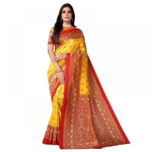 Generic Women's Litchi silk Printed Saree With Unstitched Blouse  5-6 Mtrs (Yellow)
