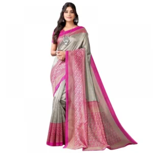 Generic Women's Litchi silk Printed Saree With Unstitched Blouse  5-6 Mtrs (Gray)