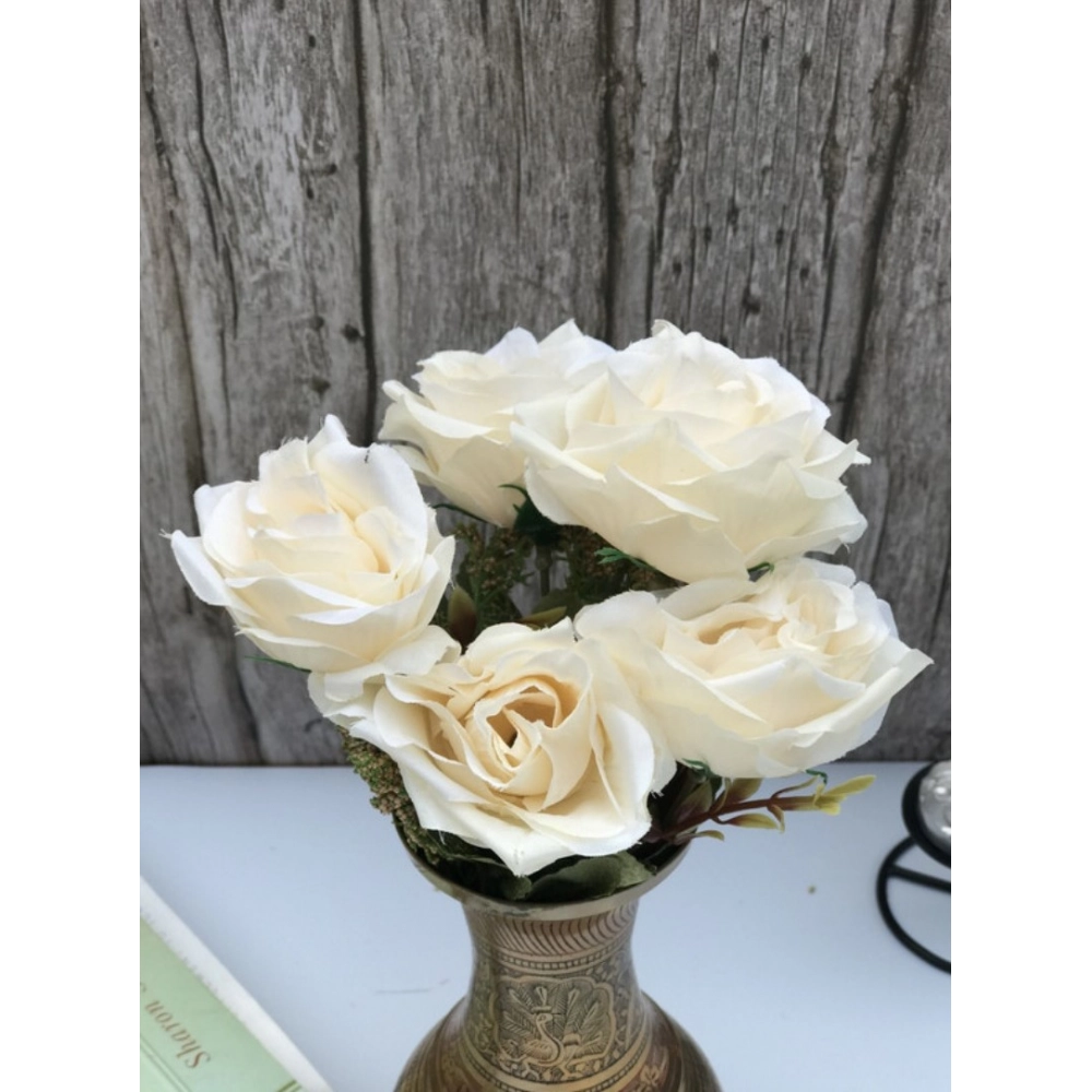 Generic Artificial Flowers Bunch Bouquet Of 5 Vintage Garden Roses For Home Decoration (White, Material:Silk, Polyester) - Image 3