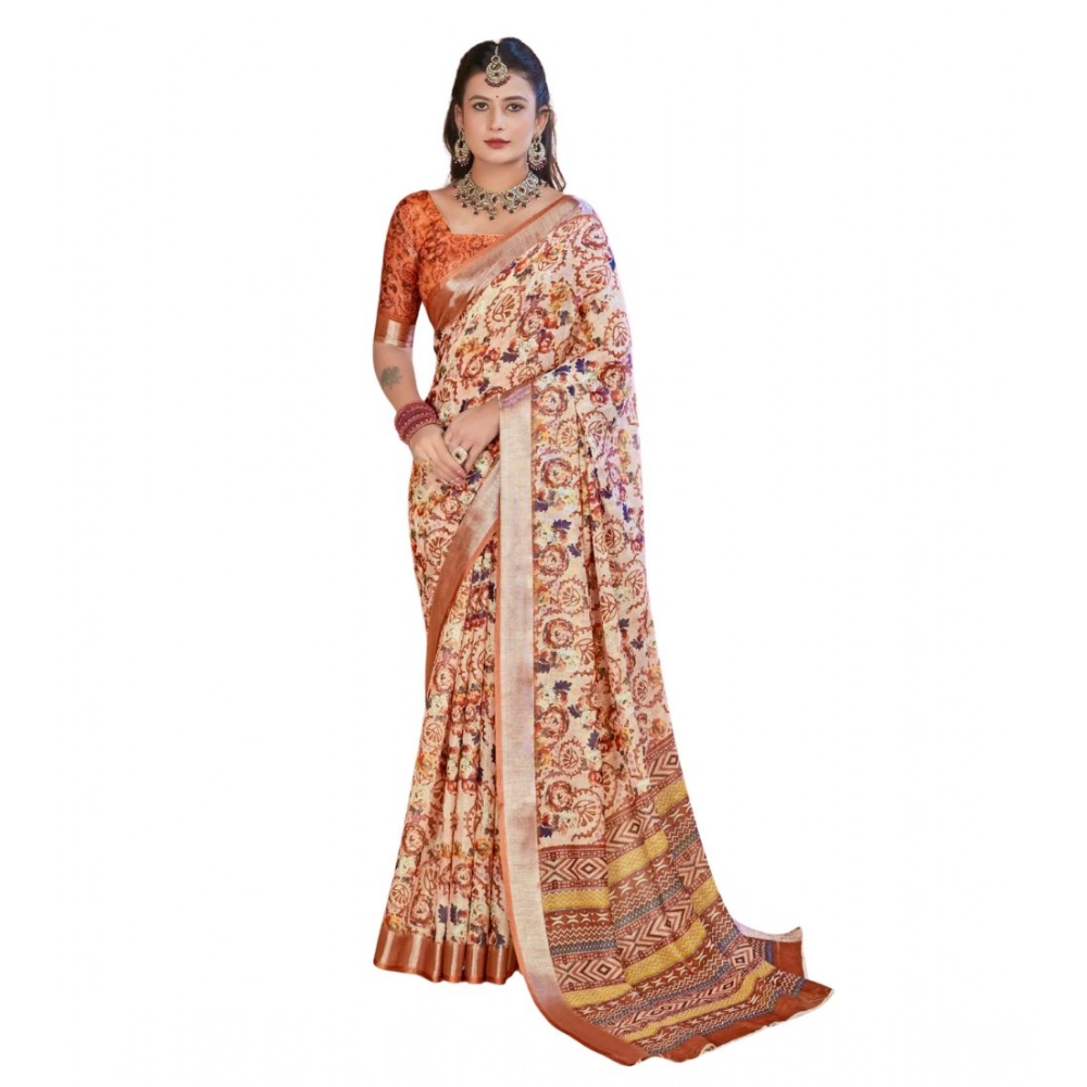 Generic Women’s Printed Cotton Linen Saree withPrinted Saree With Unstitched Blouse (Orange , 5-6Mtrs)