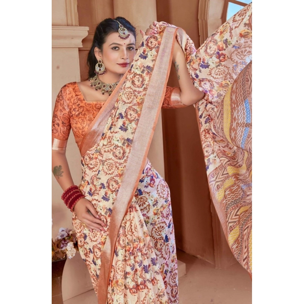 Generic Women's Printed Cotton Linen Saree withPrinted Saree With Unstitched Blouse (Orange , 5-6Mtrs) - Image 3