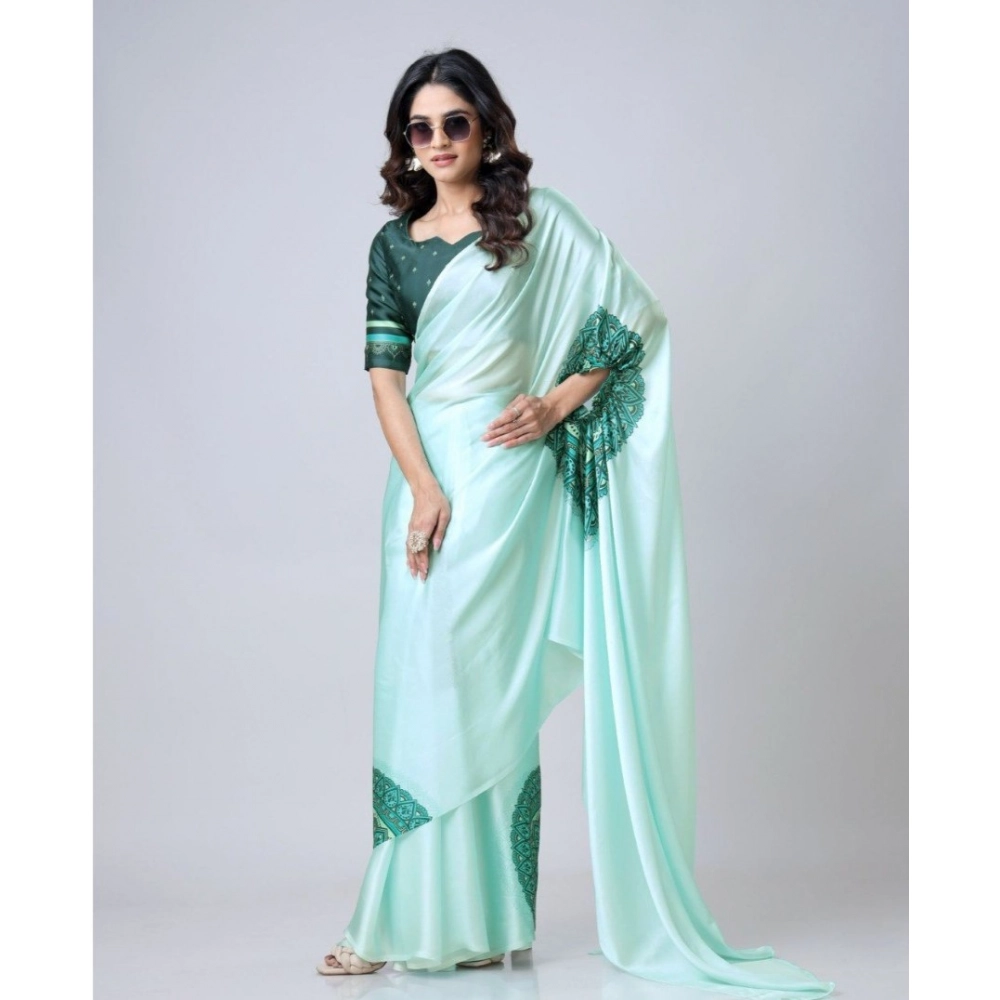 Generic Women’s Soft Crepe Silk Printed Ready To Wear Saree With Unstitched Blouse 5.5Mtr (Green)