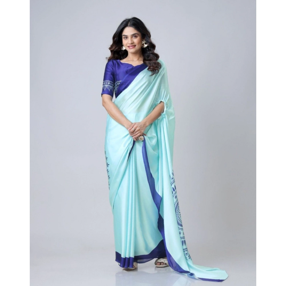 Generic Women’s Soft Crepe Silk Printed Ready To Wear Saree With Unstitched Blouse 5.5Mtr (Turquoise)