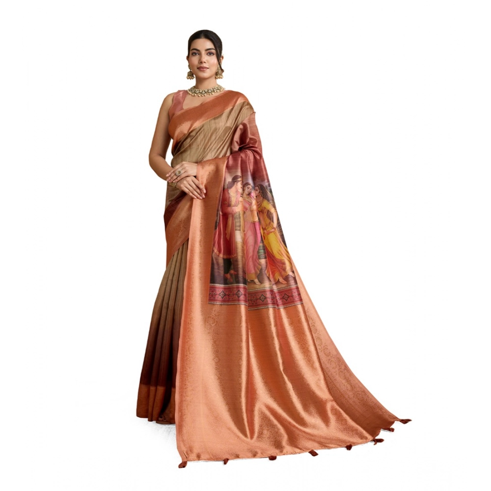 Generic Women’s Silk Printed Saree With Unstitched Blouse 5.5Mtr (Peach)