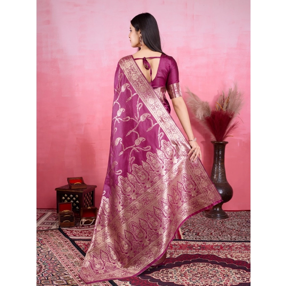 Generic Women's Banarasi Silk Printed Saree With Unstitched Blouse 5.5Mtr (Wine) - Image 4