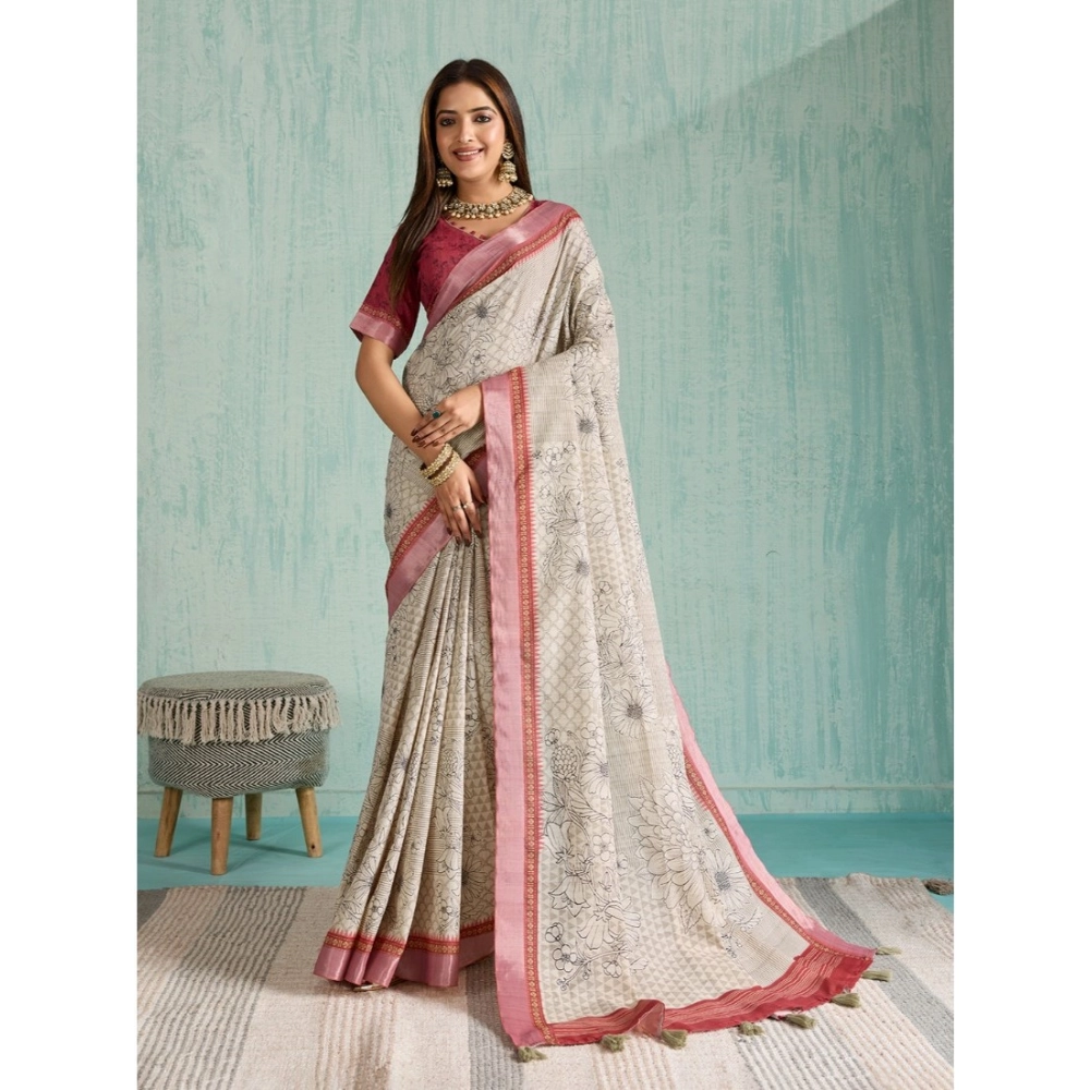 Generic Women’s Silk Blend Printed Saree With Unstitched Blouse 5.5Mtr (Beige)