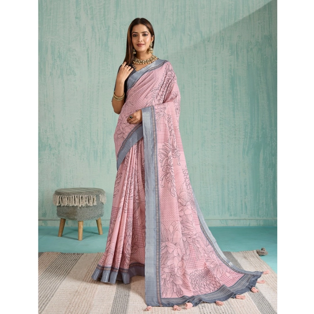 Generic Women’s Silk Blend Printed Saree With Unstitched Blouse 5.5Mtr (Pink)