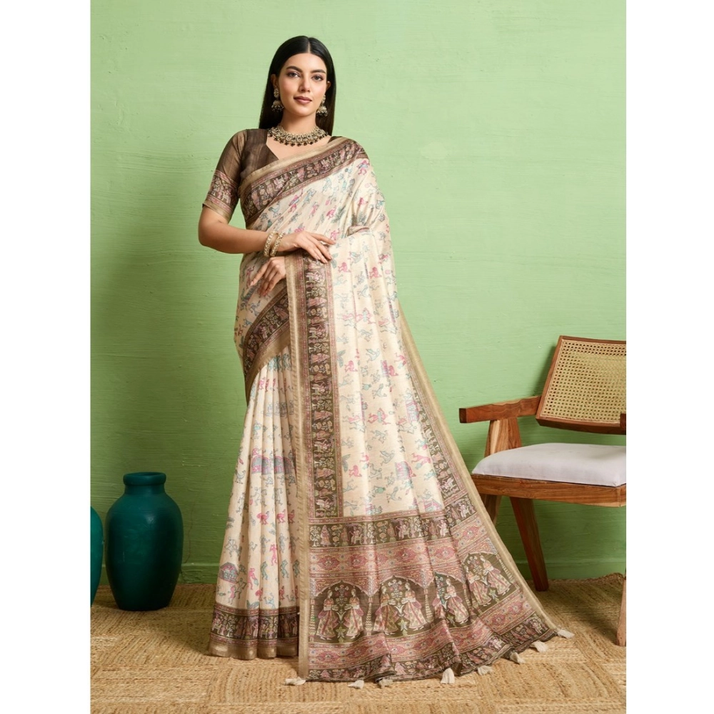 Generic Women’s Silk Blend Printed Saree With Unstitched Blouse 5.5Mtr (Cream)