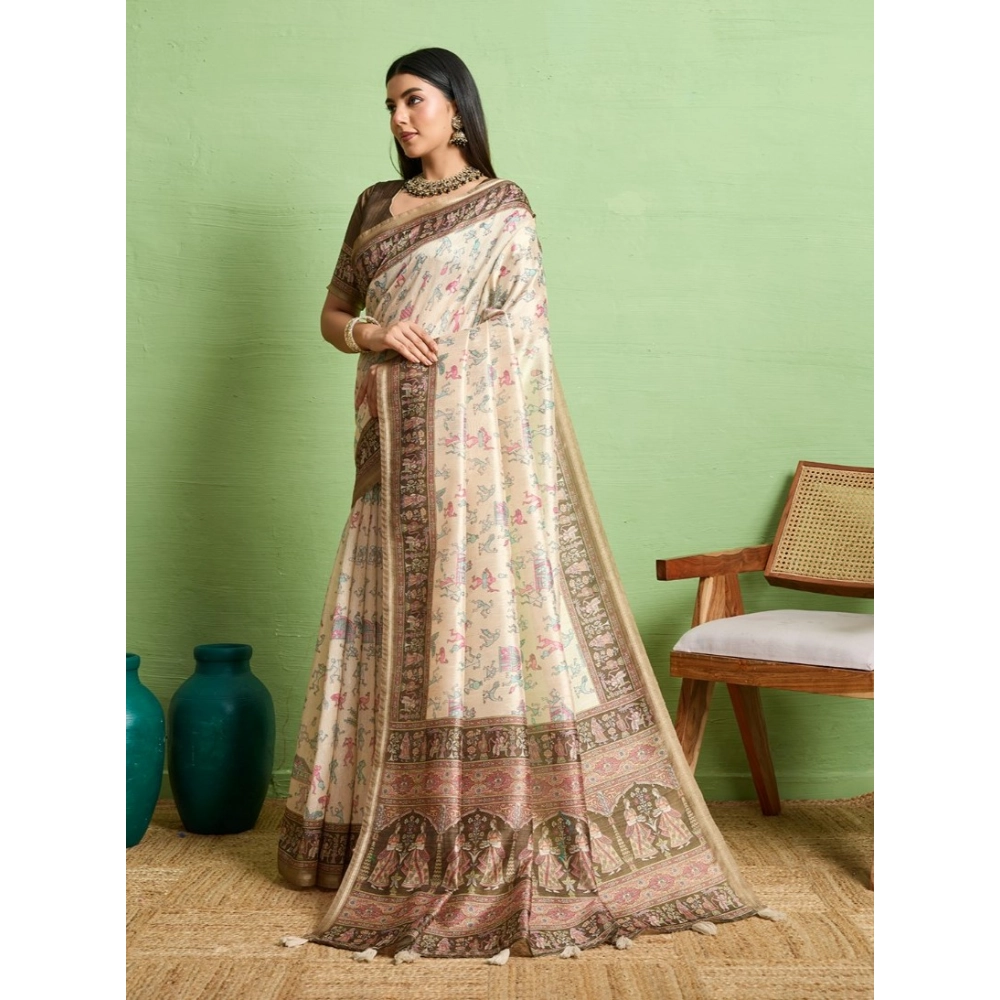 Generic Women's Silk Blend Printed Saree With Unstitched Blouse 5.5Mtr (Cream) - Image 4