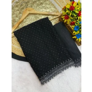 Generic Women's Georgette Stone Work Saree With Unstitched Blouse 5.5Mtr (Black)