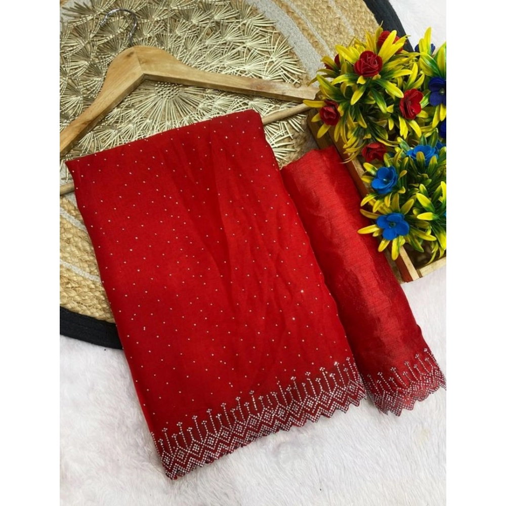 Generic Women’s Georgette Stone Work Saree With Unstitched Blouse 5.5Mtr (Red)