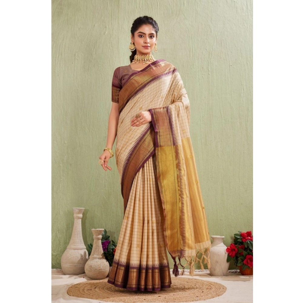 Generic Women’s Silk Blended Jaquard Woven Saree With Unstitched Blouse 5.5Mtr (Beige)