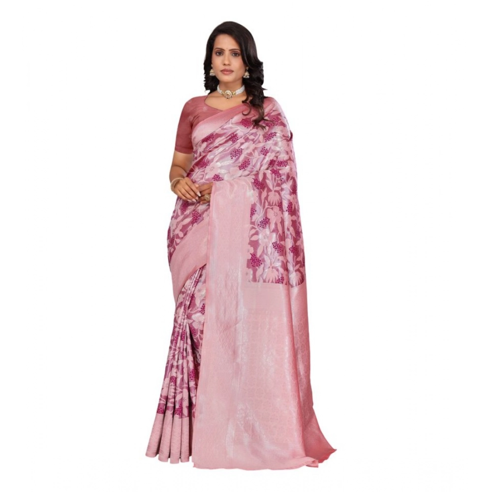 Generic Women’s Banarasi Silk Jaquard Woven Saree With Unstitched Blouse 5.5Mtr (Pink)