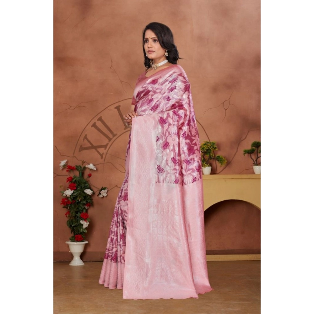 Generic Women's Banarasi Silk Jaquard Woven Saree With Unstitched Blouse 5.5Mtr (Pink) - Image 4