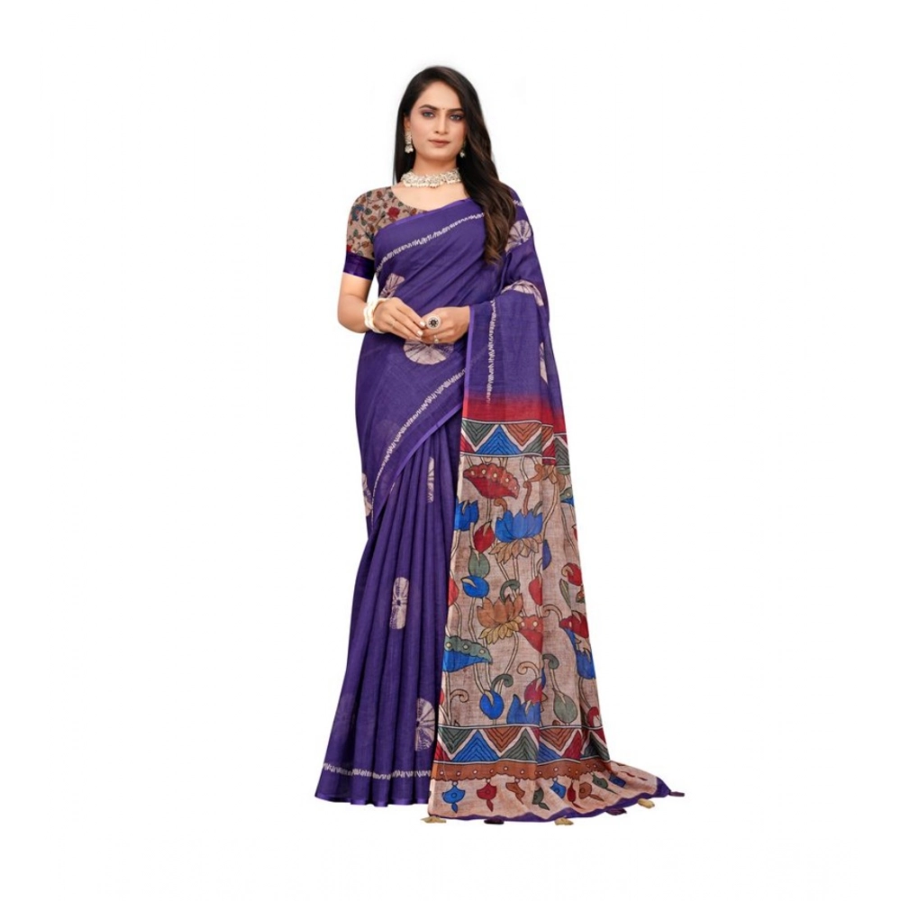 Generic Women’s Linen Printed Saree With Unstitched Blouse 5.5Mtr (Purple)
