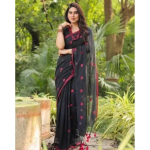 Generic Women's Linen Printed Saree With Unstitched Blouse 5.5Mtr (Black)