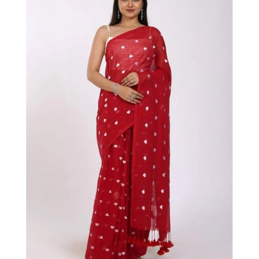 Generic Women’s Linen Printed Saree With Unstitched Blouse 5.5Mtr (Red)
