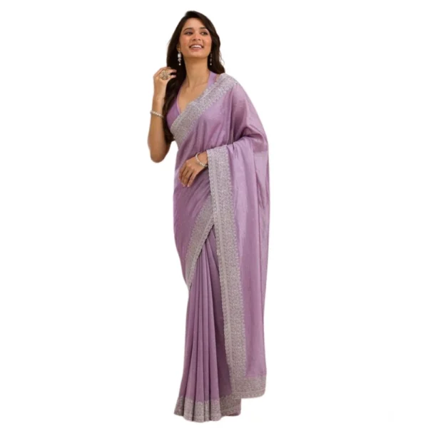 Generic Women's Silk Embroidred Saree With Unstitched Blouse 5.5Mtr (Purple) - Image 2