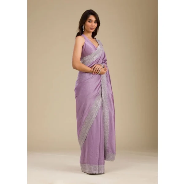 Generic Women's Silk Embroidred Saree With Unstitched Blouse 5.5Mtr (Purple) - Image 5