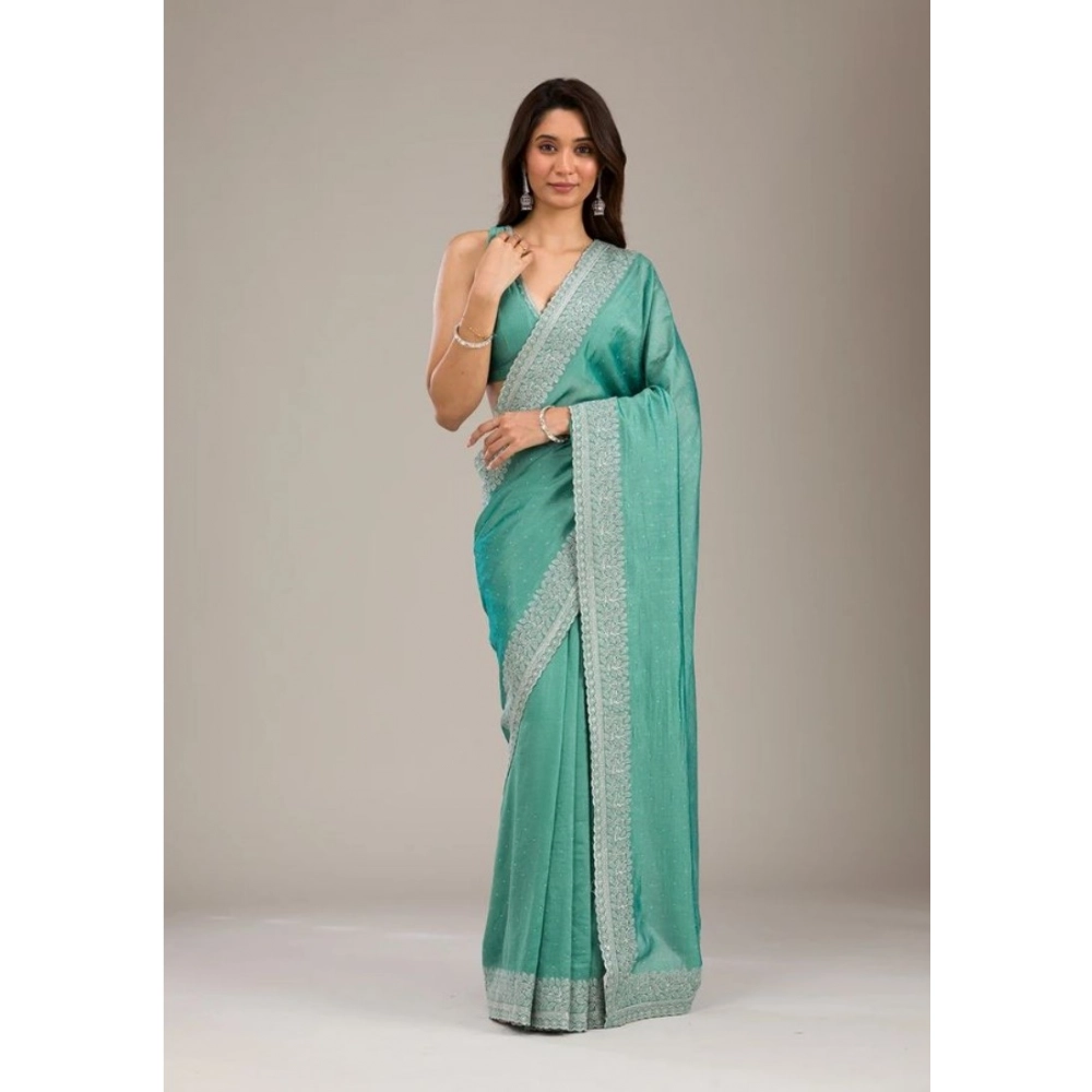 Generic Women’s Silk Embroidred Saree With Unstitched Blouse 5.5Mtr (Light Green)