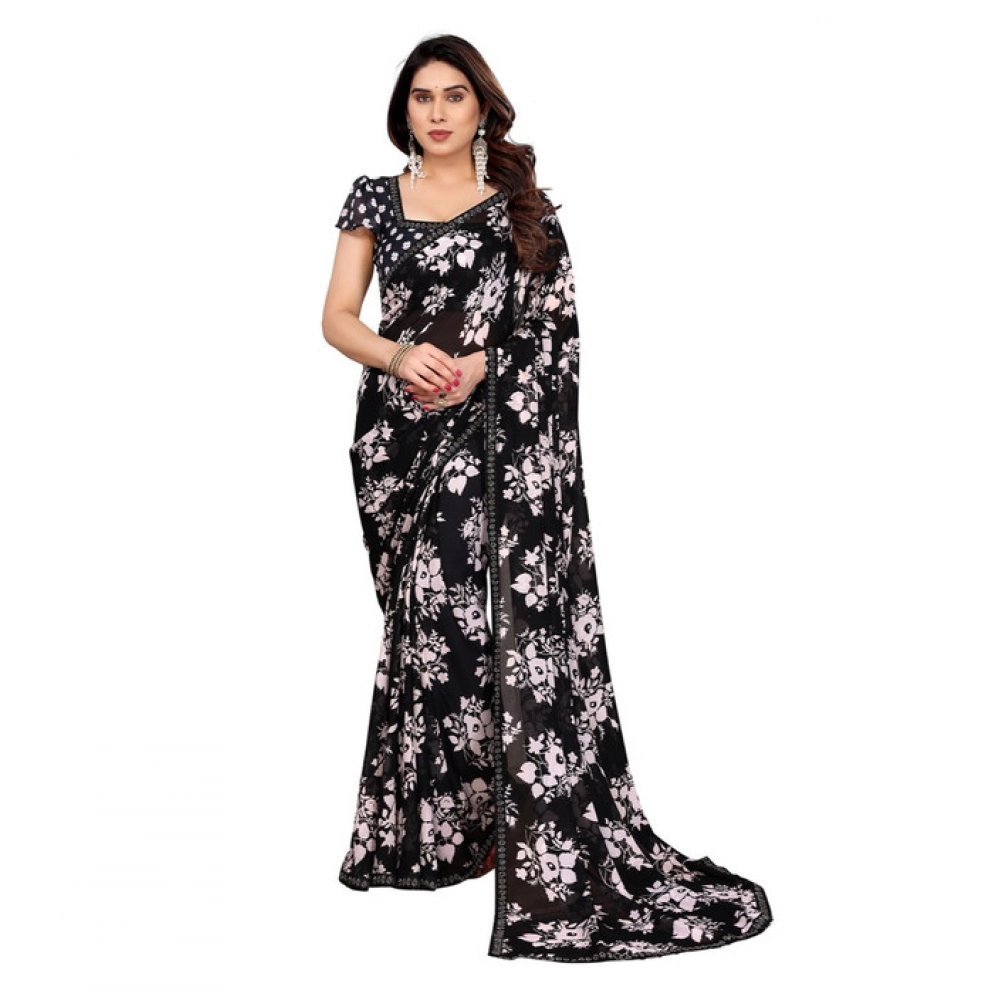 Generic Women’s Georgette Printed Saree With Unstitched Blouse 5.5Mtr (Black)