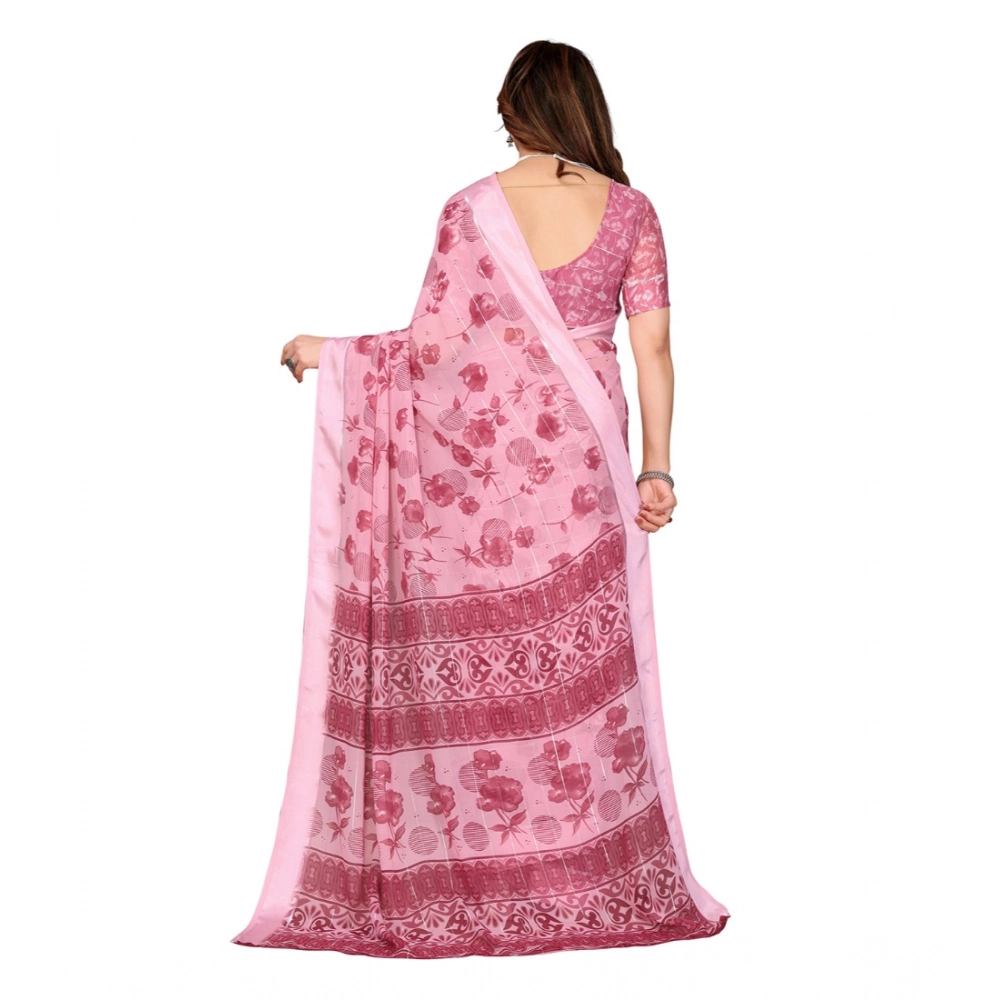 Generic Women's Georgette Printed Saree With Unstitched Blouse 5.5Mtr (Pink) - Image 3