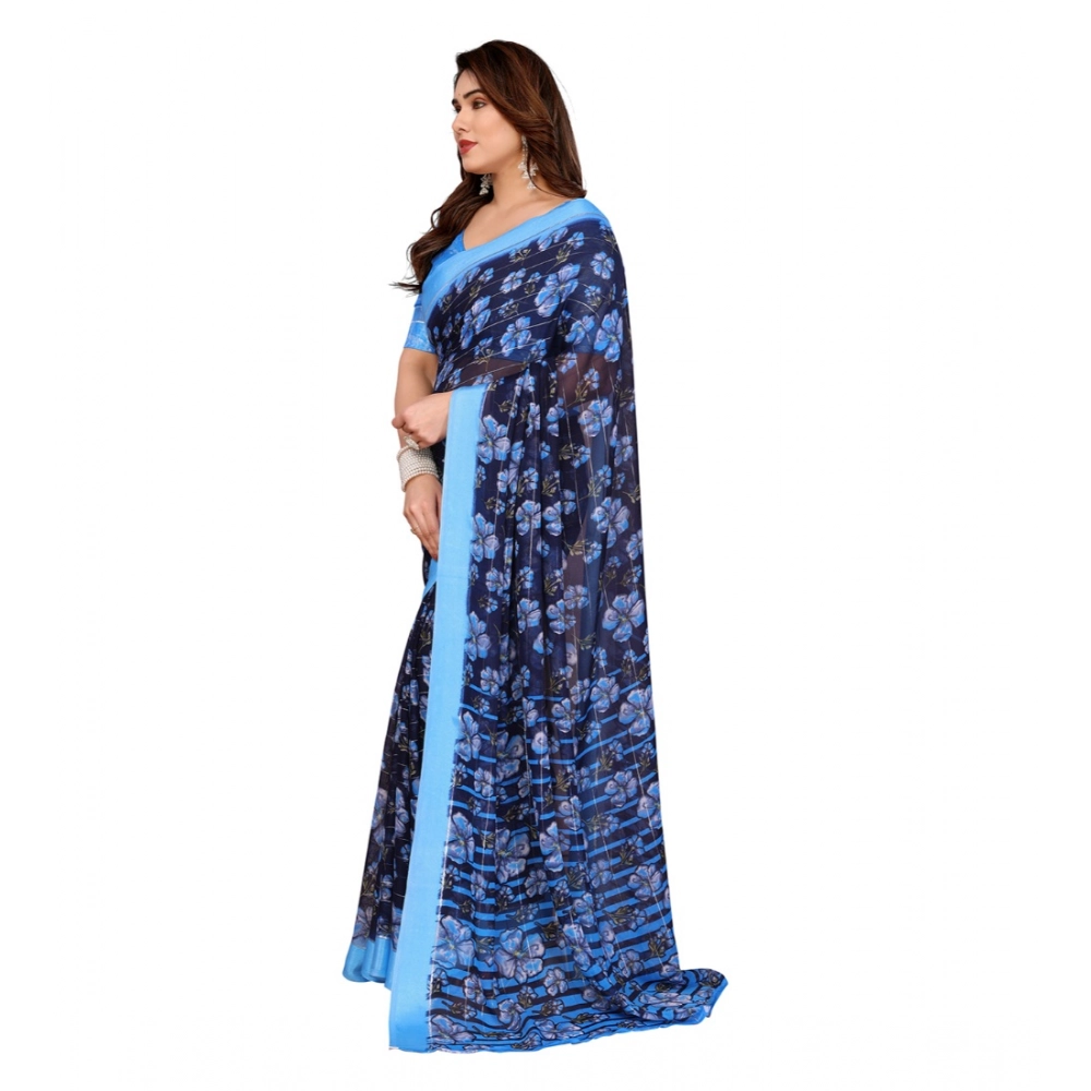 Generic Women's Georgette Printed Saree With Unstitched Blouse 5.5Mtr (Blue) - Image 4