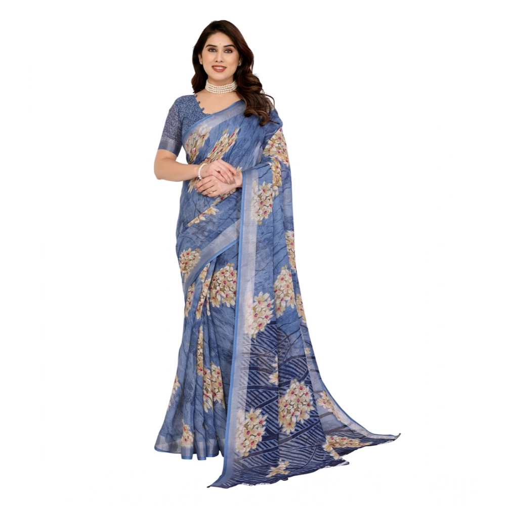 Generic Women’s Georgette Printed Saree With Unstitched Blouse 5.5Mtr (Blue)