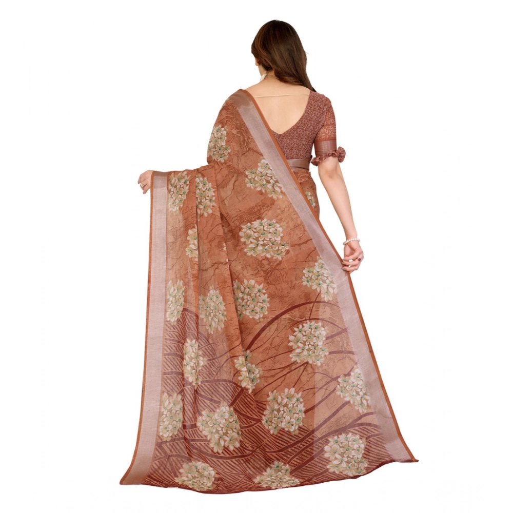 Generic Women's Georgette Printed Saree With Unstitched Blouse 5.5Mtr (Brown) - Image 3
