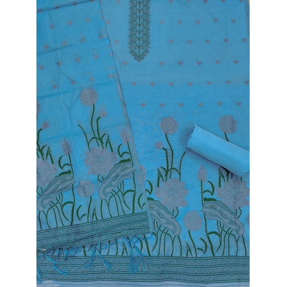 Generic Women's Banarasi Silk Printed Unstitched Salwar Suit Material With Dupatta (SkyBlue, 3Mtrs) - Image 3