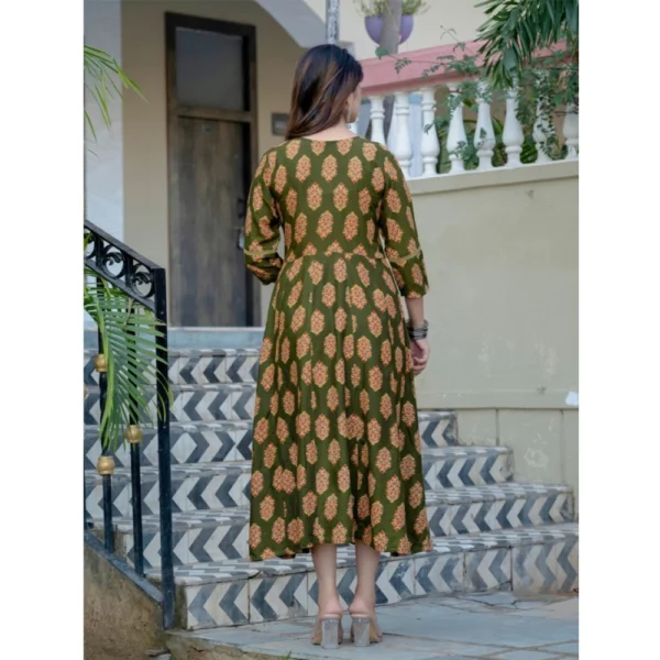 Generic Women's Rayon Print With Embroidery Work A-Line Kurti (Dark Green) - Image 4