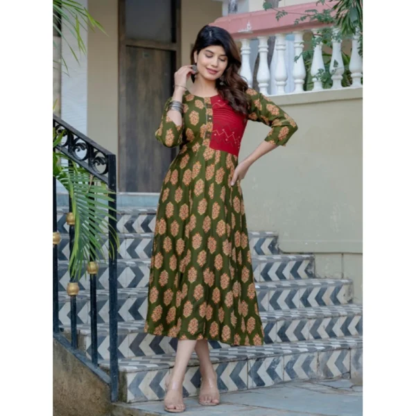 Generic Women's Rayon Print With Embroidery Work A-Line Kurti (Dark Green) - Image 3
