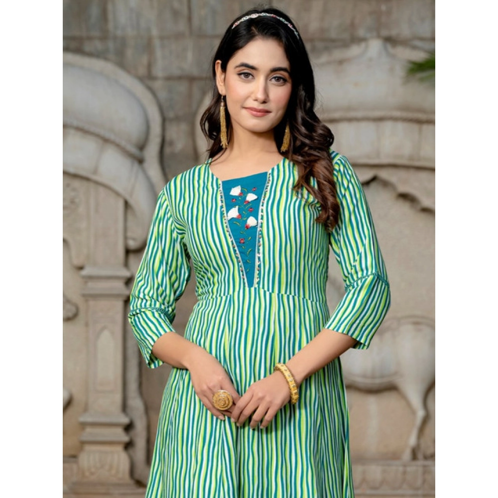 Generic Women's Rayon Print With Embroidery Work A-Line Kurti (Rama) - Image 3