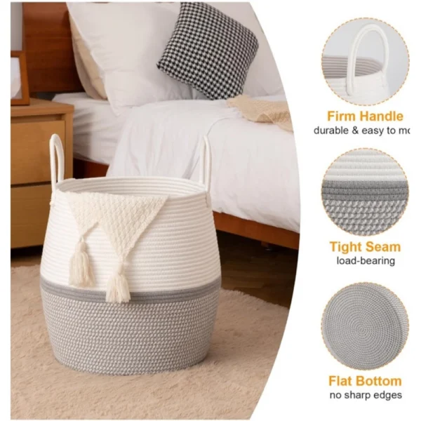 Generic Cotton Matka With Handle 14x12 Inch Storage Basket For Clothes (Gray White) - Image 3