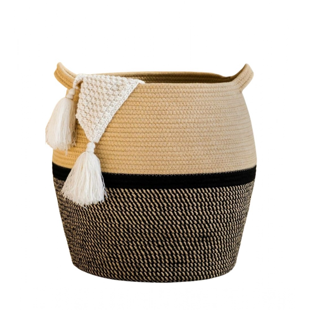 Generic Cotton Matka 14×12 Inch Storage Basket For Clothes (Beige Black)