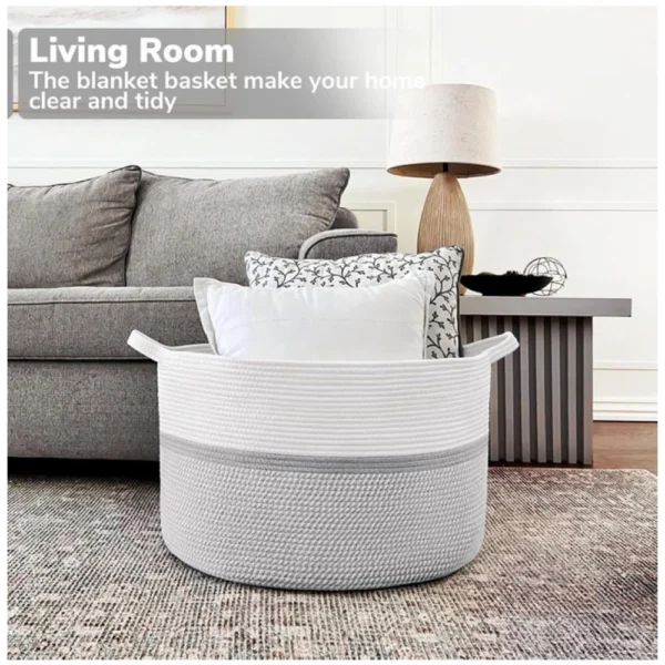 Generic Cotton Dori 16x14 Inch Storage Basket For Clothes (White-Gray White) - Image 3