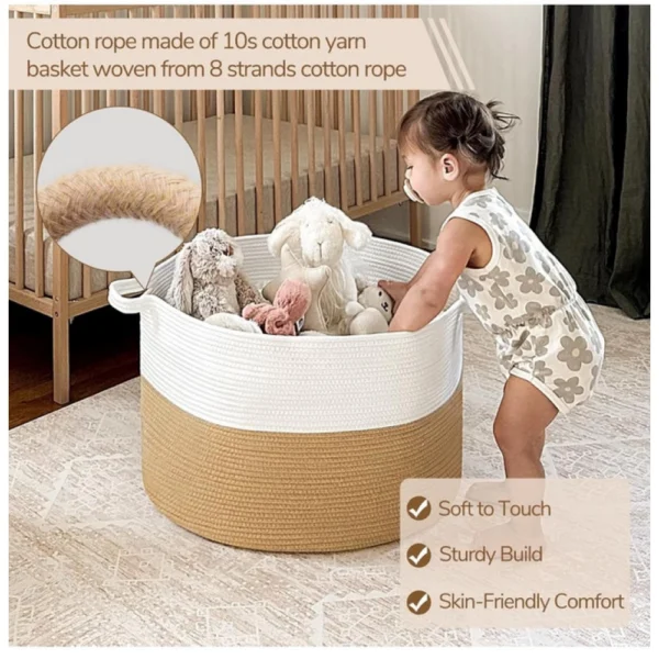 Generic Cotton 16x14 Inch Pack of 1 Storage Basket For Clothes (Beige-White) - Image 3
